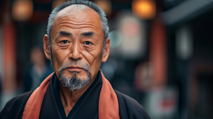 Wall Mural - A Japanese man with a beard and a red robe stands in front of a building. He looks serious and focused. a typical Japanese man