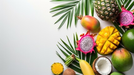  a vibrant array of tropical fruits and lush palm leaves arranged on a clean white background, with ample space left for text to convey a message of freshness and vitality.