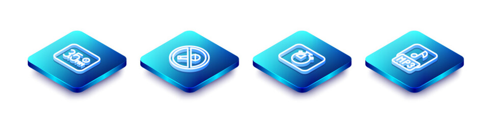 Poster - set isometric line audio jack, mute microphone, stopwatch and mp3 file icon. vector