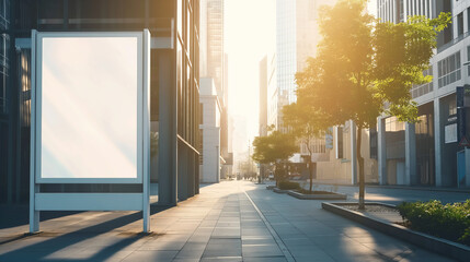 Corporate branding identity logo display white blank frame mockup with modern business buildings street background as banner with copy space area mock up.