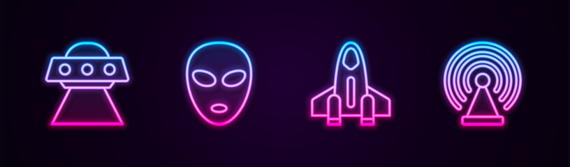 Poster - set line ufo flying spaceship, alien, rocket and radar. glowing neon icon. vector