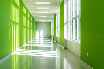 Interior of empty white hallway in modern bright hospital with green walls.