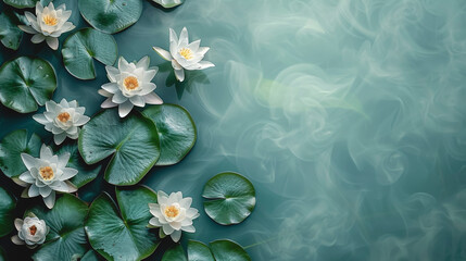 Beautiful white water lily or lotus flower in pond, top view.