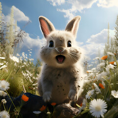 Wall Mural - 3d rendering of a cute white rabbit sitting in a meadow