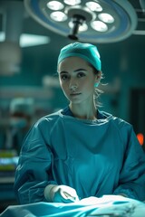 Wall Mural - A woman in scrubs standing in an operating room.