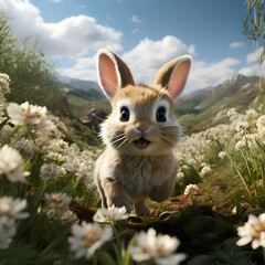 Wall Mural - Cute little rabbit in the meadow with white flowers on a sunny day