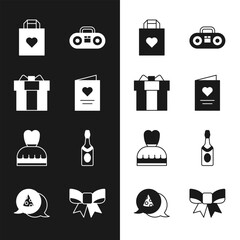 Poster - Set Postcard with heart, Gift box, Shopping bag, Home stereo two speakers, Woman dress, Champagne bottle, bow and Slice of pizza icon. Vector