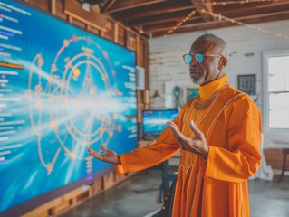 Poster - African-American Male Scientist in Orange Lab Coat Engaging with Futuristic Interface in Hi-Tech Laboratory
