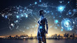 A glowing blue woman stands in front of glowing network of connections all over her body
