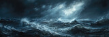 Fototapeta  - Dramatic storm raging in the ocean, with dark clouds, crashing waves, and turbulent waters