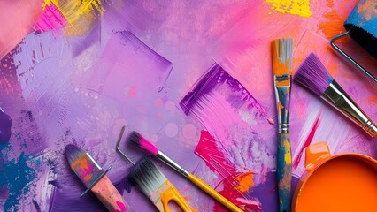 Wall Mural - Flatlay wallpaper of artist's brushes and tools on a purple background