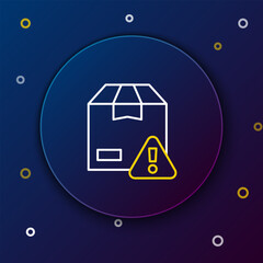 Poster - Line Delivery security with shield icon isolated on blue background. Delivery insurance. Insured cardboard boxes beyond the shield. Colorful outline concept. Vector