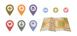 Map with navigation elements for search, add place, star and home, account and like, flag. Vector isolated set of icons for mobile application for destination and traveling, modern trip concept