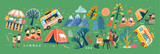 Fototapeta Kosmos - Summer festival, picnic and barbecue. Vector illustrations of park, nature, trees, resting walking people on weekends and holidays, family, camping tent, fair, bus stand selling burger and popcorn