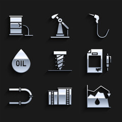 Poster - Set Rotating drill digging a hole, Oil industrial factory building, Drop crude oil price, Contract money and pen, Industry pipe, drop, Gasoline pump nozzle and Barrel leak icon. Vector