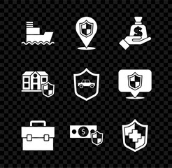 Poster - Set Ship, Location shield, Money in hand, Briefcase, with, Life insurance, House and Car icon. Vector