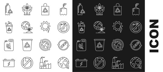 Poster - Set line Earth globe and leaf, Battery with recycle symbol line, No canister for gasoline, Plastic bag, plant, Recycle bin, Recycling plastic bottle and Solar energy panel icon. Vector