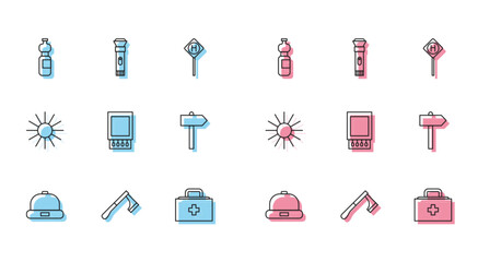 Sticker - Set line Beanie hat, Wooden axe, Bottle of water, First aid kit, Open matchbox and matches, Road traffic signpost, Sun and Flashlight icon. Vector