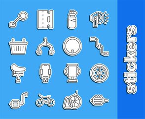 Sticker - Set line Bicycle pedal, wheel, pedals, Sport bottle with water, brake calipers, basket, rear view mirror and icon. Vector