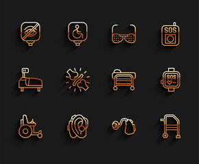 Sticker - Set line Electric wheelchair, Hearing aid, Blindness, Walker, Joint pain, knee pain, Smart watch and Stretcher icon. Vector