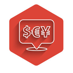 Poster - White line Currency exchange icon isolated with long shadow. Cash transfer symbol. Banking currency sign. Red hexagon button. Vector