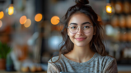 Sticker - The image shows a smiling Indian woman wearing glasses holding a laptop computer on a grey studio background. She is looking at the device with the camera stand.