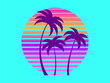 Silhouettes of palm trees against a retro futuristic sun background. Palm trees against a background of gradient sun in synthetic and retrowave styles. Summer time. Vector illustration