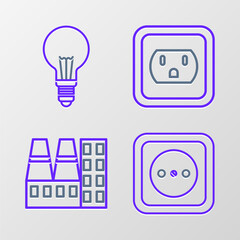 Sticker - Set line Electrical outlet, Power station plant and factory, in the USA and Light bulb with concept of idea icon. Vector