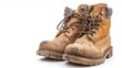 Work boots, pair of old boots on white background, equipment yellow hiking boot protective workwear walking