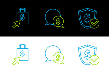 Poster - Set line Shield with dollar, Shoping bag and and Speech bubble icon. Vector