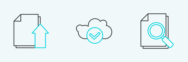 Poster - Set line Document with search, Upload file document and Cloud check mark icon. Vector
