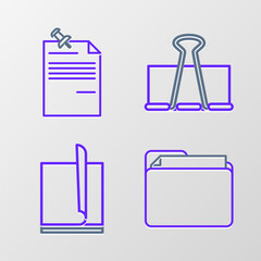 Poster - Set line Document folder, File document, Binder clip and Note paper with pinned pushbutton icon. Vector
