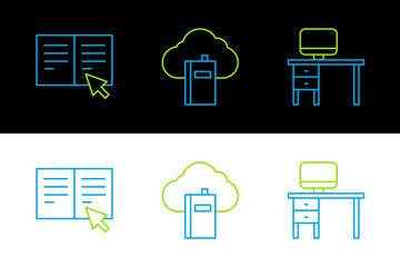 Poster - Set line Computer monitor and desk, Online book and Cloud online library icon. Vector