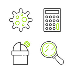 Poster - Set line Magnifying glass, Astronomical observatory, Calculator and Virus icon. Vector