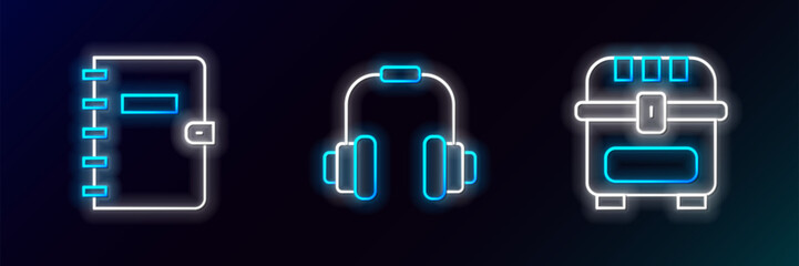 Poster - Set line Antique treasure chest, Spiral notebook and Headphones icon. Glowing neon. Vector