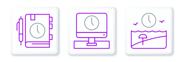 Poster - Set line Vacation time, Daily paper notepad and Monitor icon. Vector