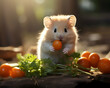 Hamster with a carrot and parsley on a wooden background.