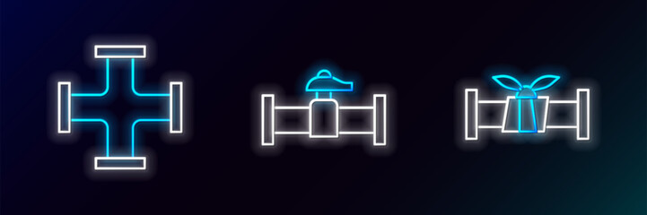 Poster - Set line Industry metallic pipe, and and valve icon. Glowing neon. Vector