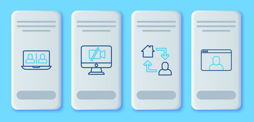 Poster - set line video camera off on computer, online working, chat conference and icon. vector