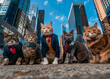 Five stylish cats in business attire pose in a downtown urban setting.
