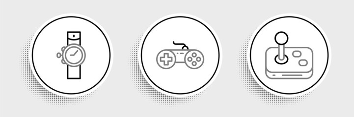 Poster - Set line Joystick, Wrist watch and Gamepad icon. Vector