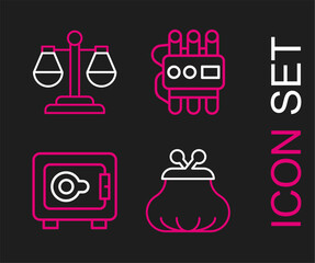 Poster - Set line Wallet, Safe, Dynamite and timer clock and Scales of justice icon. Vector