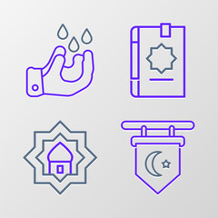 Sticker - Set line Star and crescent, Muslim Mosque, Holy book of Koran and Wudhu icon. Vector