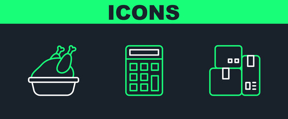 Sticker - Set line Cash register machine, Roasted turkey or chicken and Calculator icon. Vector