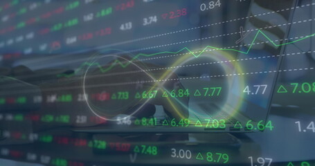 Poster - Image of stock market data processing and infinity symbol over mid section of a man using laptop