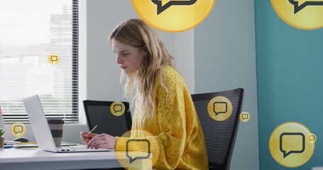 Poster - Image of social media data processing over caucasian businesswoman using laptop