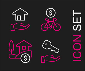 Wall Mural - Set line House key, with dollar, Bicycle rental mobile app and Realtor icon. Vector