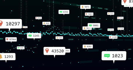 Fototapete - Image of multiple notification bars, changing numbers and graphs over black background
