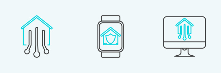 Poster - set line computer monitor with smart home, smart and watch house under protection icon. vector