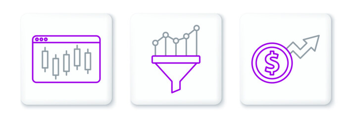 Poster - Set line Financial growth dollar, Browser with stocks market and Sales funnel chart icon. Vector